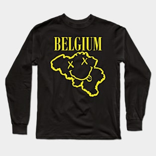 Vibrant Belgium: Unleash Your 90s Grunge Spirit! Smiling Squiggly Mouth Dazed Smiley Face Long Sleeve T-Shirt